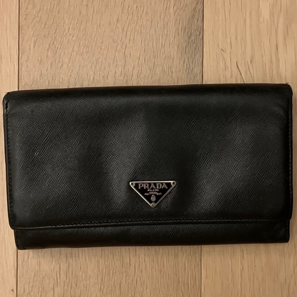 Vintage Prada Black Saffiano Leather Continental Wallet